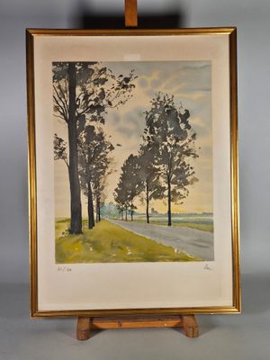 un tableau représentant des arbres au bord d'une route, dans un cadre