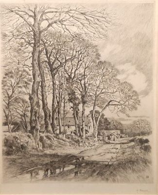drawing of a landscape with trees and a house in the distance