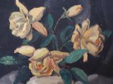 a painting of yellow roses in a vase on a table