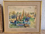 a picture of a painting of boats on the water
