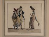 an old fashion illustration of three women in fancy clothing