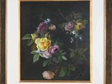 painting of a bouquet of flowers in a gold frame on a black background