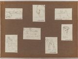 des croquis représentant un homme et une femme à cheval, un homme à cheval, une femme à cheval, un homme à cheval et un cheval