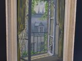 an oil painting of a window with a view of a house