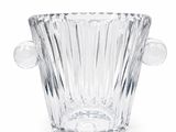 clear glass ice bucket with two handles on a white background