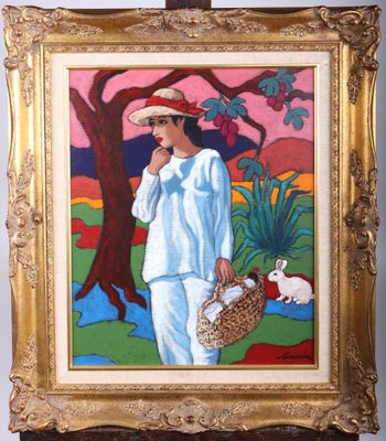 painting of a woman in a straw hat with a basket and a rabbit