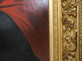 painting of a woman with a red cape and a black hat