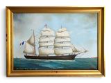 an oil painting of a sailing ship in the ocean on a white background