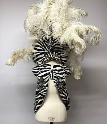 une photo d'un chapeau de mannequin orné d'un nœud à imprimé zébré et de plumes