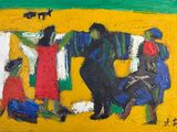 painting of a group of people hanging out clothes on a clothes line