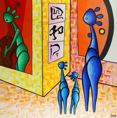 a painting of a giraffe and a dog standing in front of a building