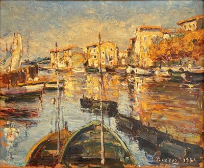 an oil painting of boats in a harbor with buildings in the background