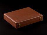 brown leather briefcase on black background photo