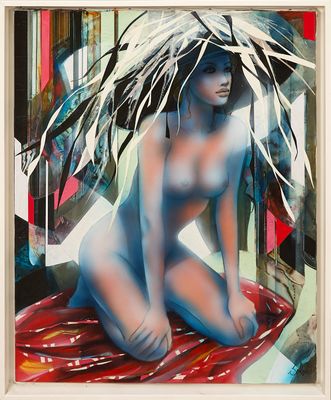 une image représentant un tableau où figure une femme nue assise sur un tapis rouge