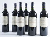 six bottles of wine are lined up in a row on a white surface