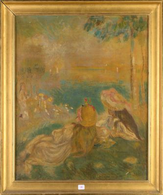 an oil painting of two women sitting on a grass covered field