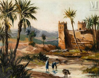 une image représentant un tableau représentant une scène de désert avec un homme et un chien