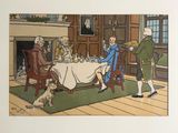 un tableau représentant une famille assise à table avec un chien