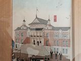 painting of a horse drawn carriage in front of a large building