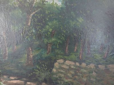 un tableau représentant un homme à cheval dans les bois