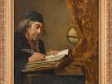a painting of an old man reading a book in front of a window