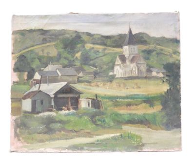 painting of a village with a church in the distance on a hill