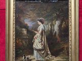 un tableau représentant une femme avec un chien posé sur une table