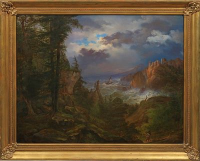 une image d'une peinture représentant une scène de montagne avec une rivière au premier plan