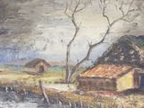 an oil painting of a barn and a tree in a field