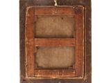 an old wooden picture frame with a rope hanging from it ' s side