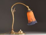 a lamp that is sitting on a table next to a wall