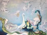 painting of a painting of a swan and other birds flying over a body of water