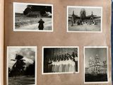 several old black and white photos of people in front of a building