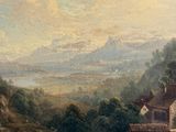 a painting on the wall of a building with a river in the background