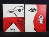 deux tableaux représentant un oiseau et un oiseau sur fond noir