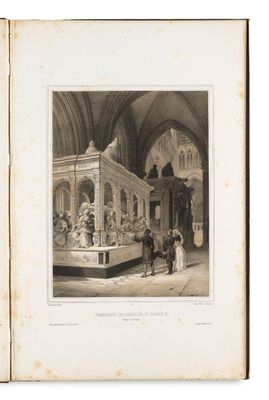 an old book with a drawing of a man standing in front of a statue