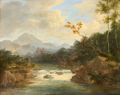 une image d'une peinture représentant une rivière dans une zone boisée