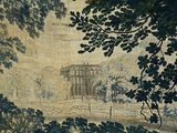 a picture of a tapestry with a building in the background