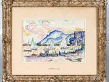 an image of a watercolor painting of boats in a harbor