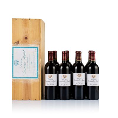 six bottles of wine in a wooden box with a bottle of wine in front of it
