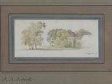 une image d'une peinture représentant une maison et des arbres dans un champ
