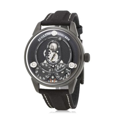 men ' s watch with black dial and black canvas strap