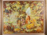 un tableau représentant deux femmes assises sous un parasol dans un jardin