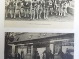 two black and white photos of a group of men and women with horses