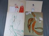 trois dessins représentant une femme en robe rouge et un homme en cape rouge