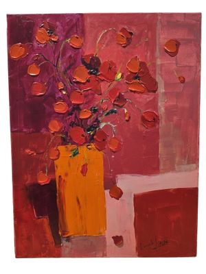 a painting of flowers in a vase on a table