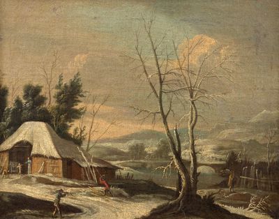 une image représentant un tableau d'un paysage enneigé avec une cabane au premier plan et des personnes au premier plan