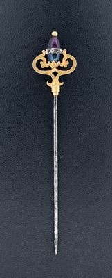 Epingle à chapeau en or jaune 750 millièmes et pierres de souleurs, la - Photo 1