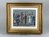painting of a group of people standing in front of a building