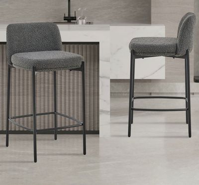 two stools that are sitting in front of a counter